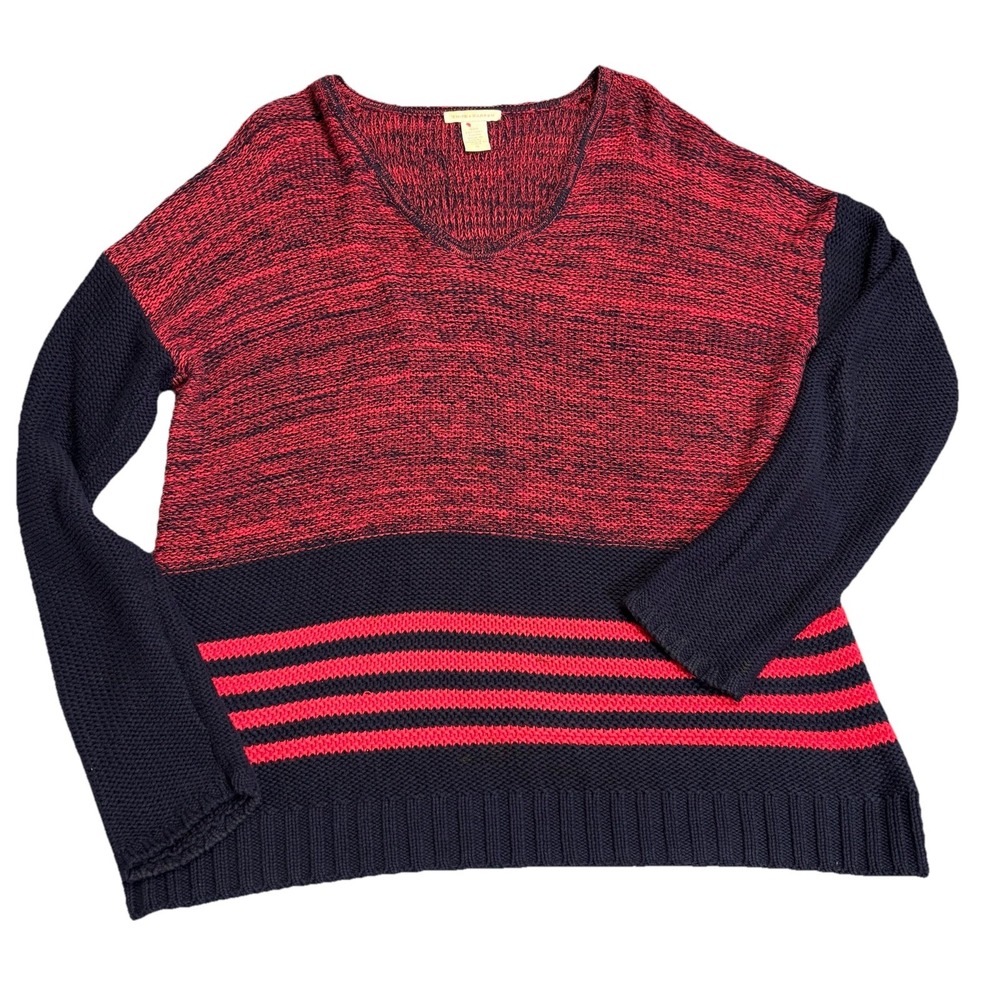 WHITE + WARREN Dark Blue Red Stripe Sweater Women's Small Cotton - Picture 1 of 8